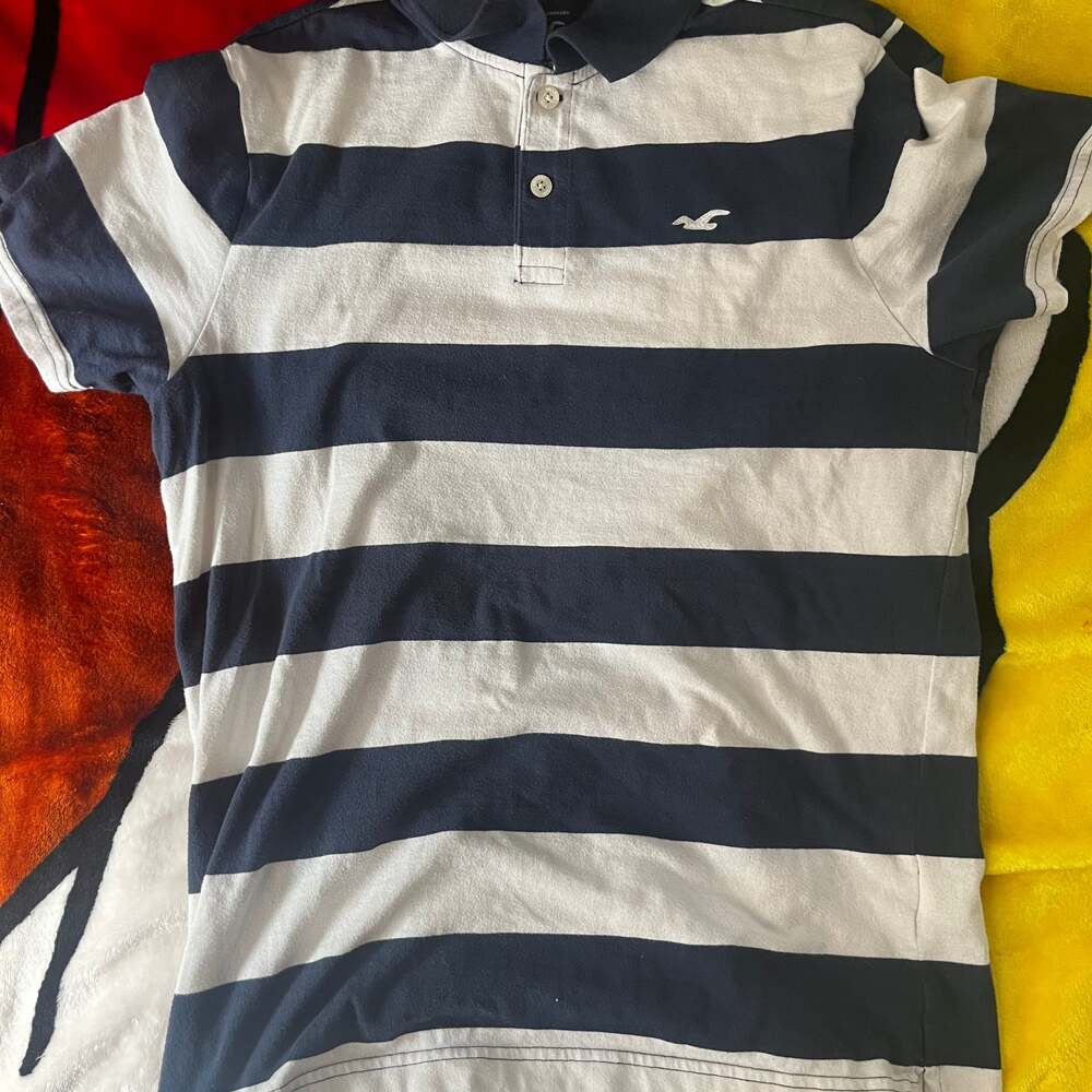 Hollister Men's Blue & White Striped Polo Shirt